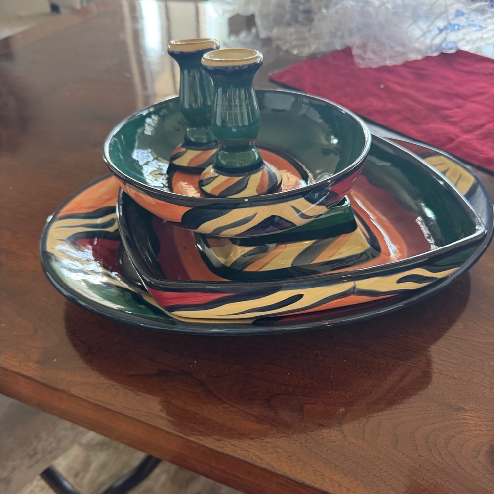 Handcrafted Green and Orange Ceramic serving pieces